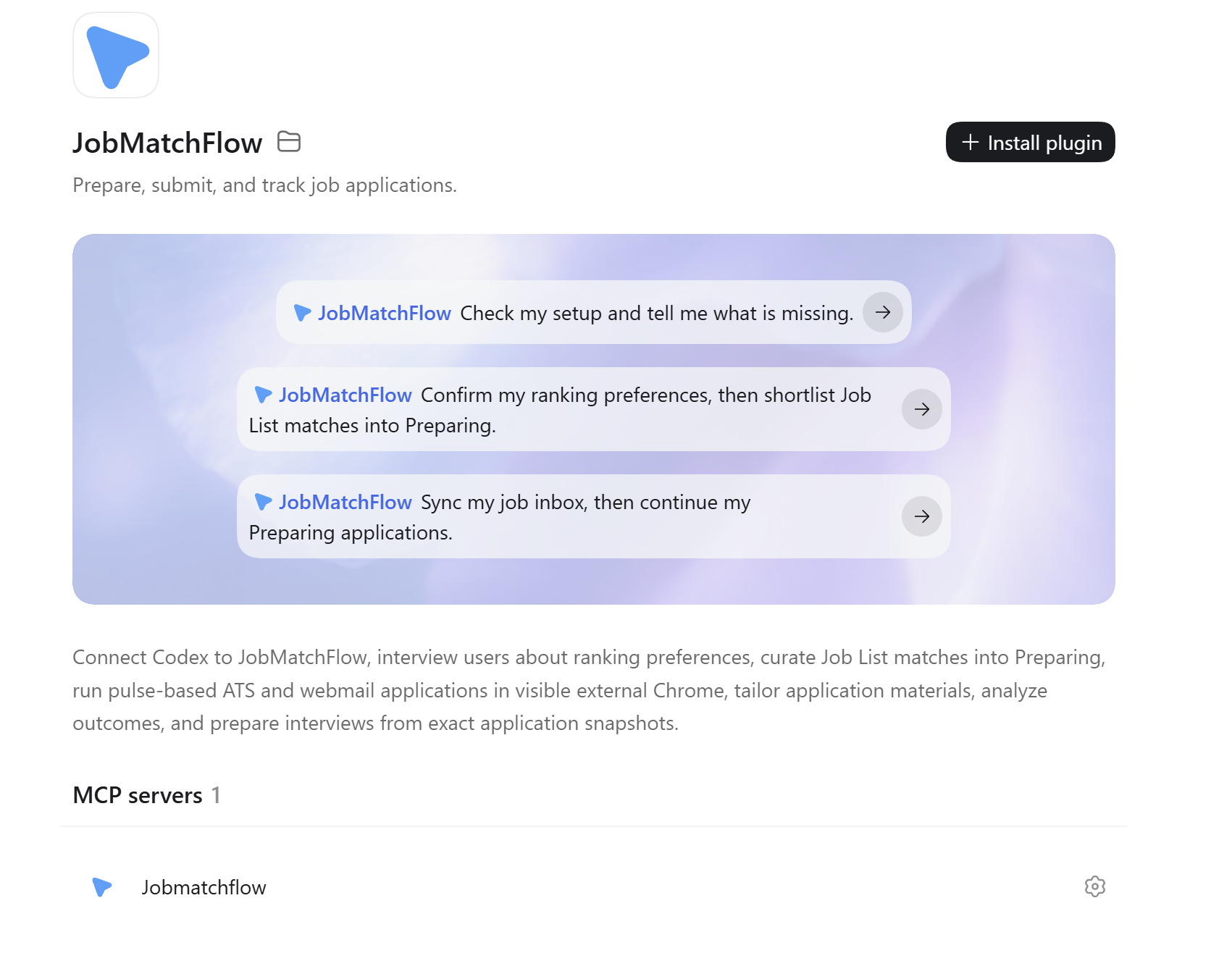 JobMatchFlow plugin listing for Codex with example prompts